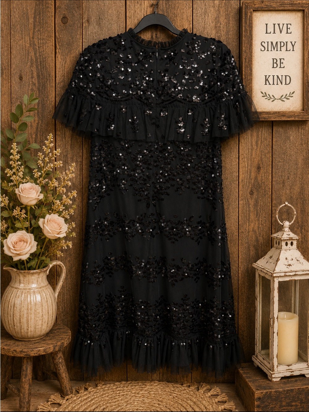 Mac Duggal Black Sequin Midi Dress with Ruffle Details - Picture 2 of 5